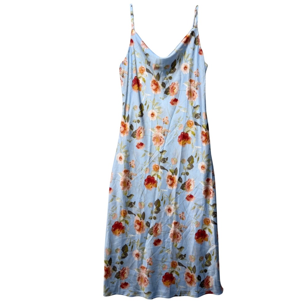 Y2K Slip Dress XL Inspired Hearts Blue Floral Satin Cowl Neck Romantic Midi Boho